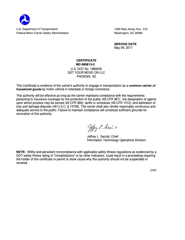 Common Carrier Certificate